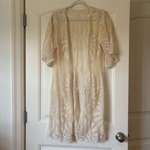 Boho Lace Kimono Cardigan Sheer Cream Embroidered Duster Cover